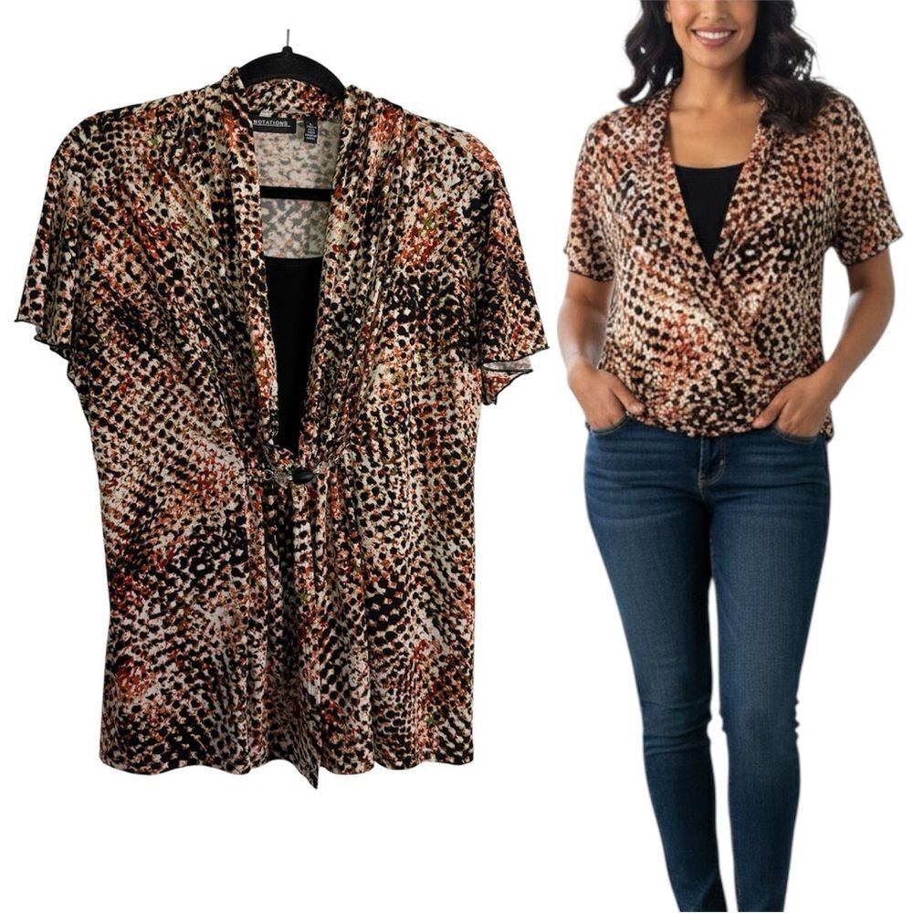 Notations L Brown and Black Patterned Short Sleeve Y2K Blouse Top with Hardware
